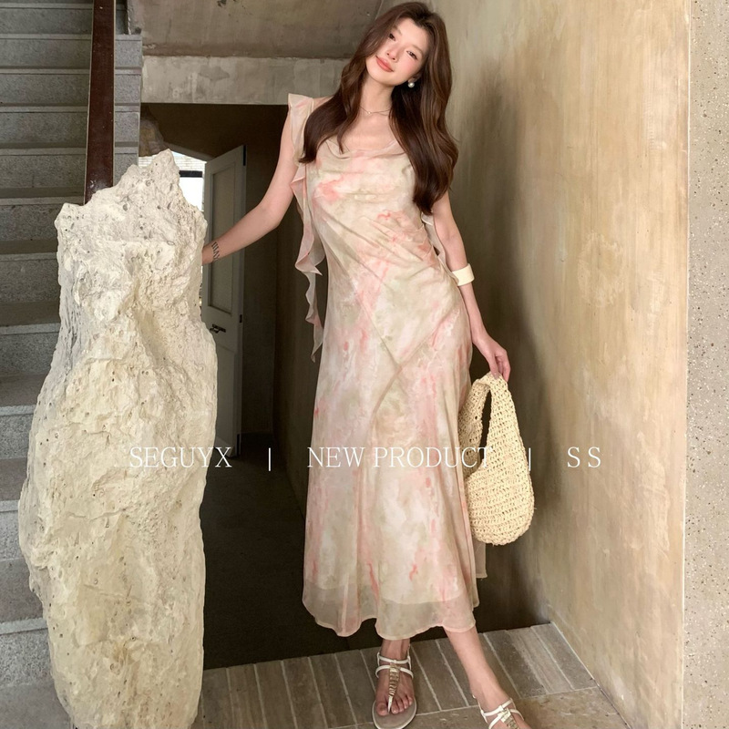 【Seguyx Shibuya】Vacation Style Gradient Suspender Dress, Gentle Long Dress, Flowing Floral Dress G26276 【Seguyx Shibuya】Vacation Style Gradient Suspender Dress, Gentle Long Dress, Flowing Floral Dress G26276