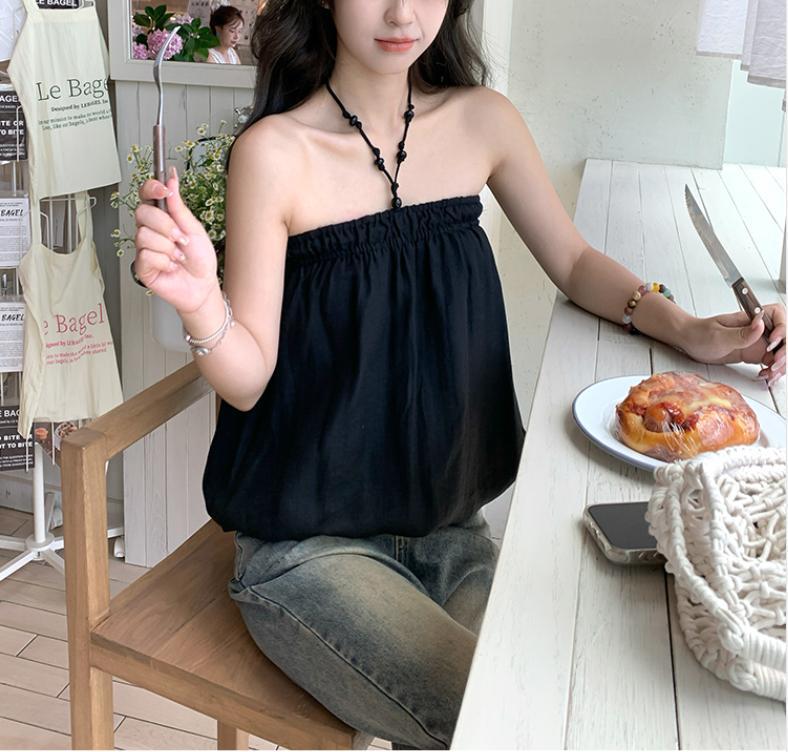 Áo croptop nữ đính cườm cổ yếm, thiết kế dáng nụ hoa ngắn, phong cách Hàn Quốc — màu đen chi tiết 11