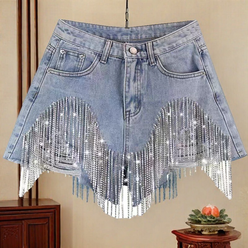 Heavy-Duty Hot Pants with Beaded Sequins, Tassels, Ripped Denim Raw Edge Shorts, 2025 Summer High-Waisted Slimming New Hot Pants