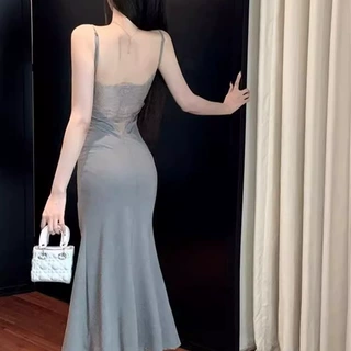 性感露背吊带连衣裙女装夏季气质修身包臀裙开叉收腰纯欲鱼尾长裙