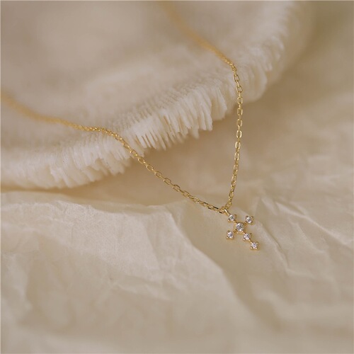 Niche design S925 sterling silver plated 14K gold cross INS cold style zircon stacked necklace for women clavicle chain