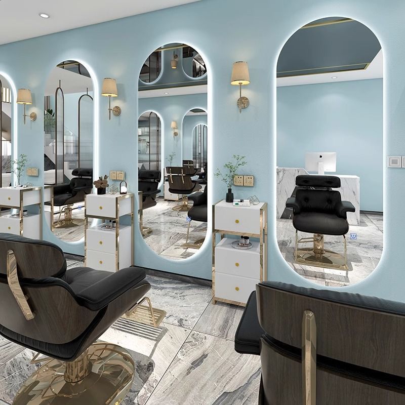 Barbería simple decoración espejo rojo en línea espejo con lámpara marea pared de un solo lado espejo peluquería image 11