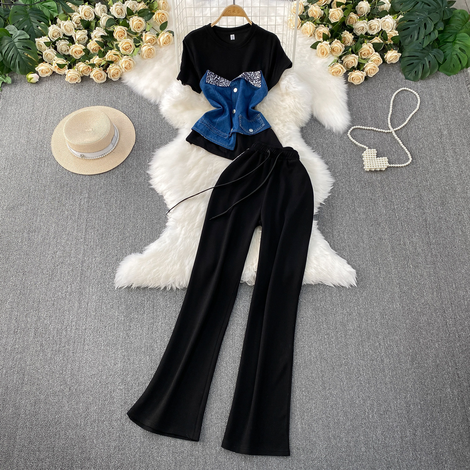 Women's Two Piece Set Denim Short Sleeved Top High-Waisted Slim Straight Leg Pants Fashion Slimming Wide Leg_ecoleips.com