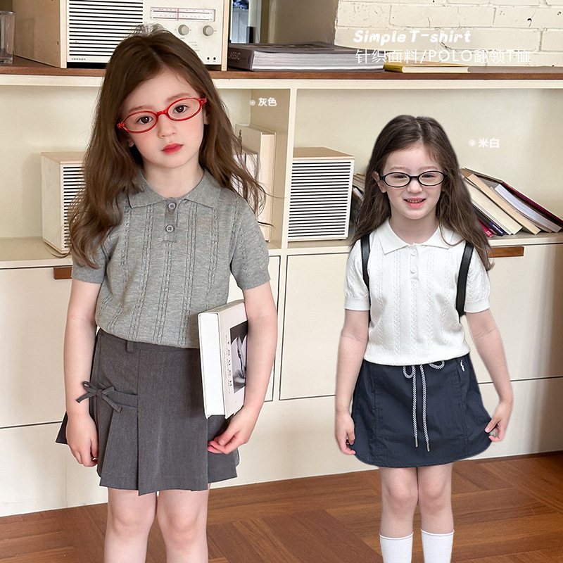 Aimo Beibei Girls Summer Pure Color Knitted Cable T-Shirt Kidsren's Casual Korean Style Polo Lapel Short-Sleeved Top