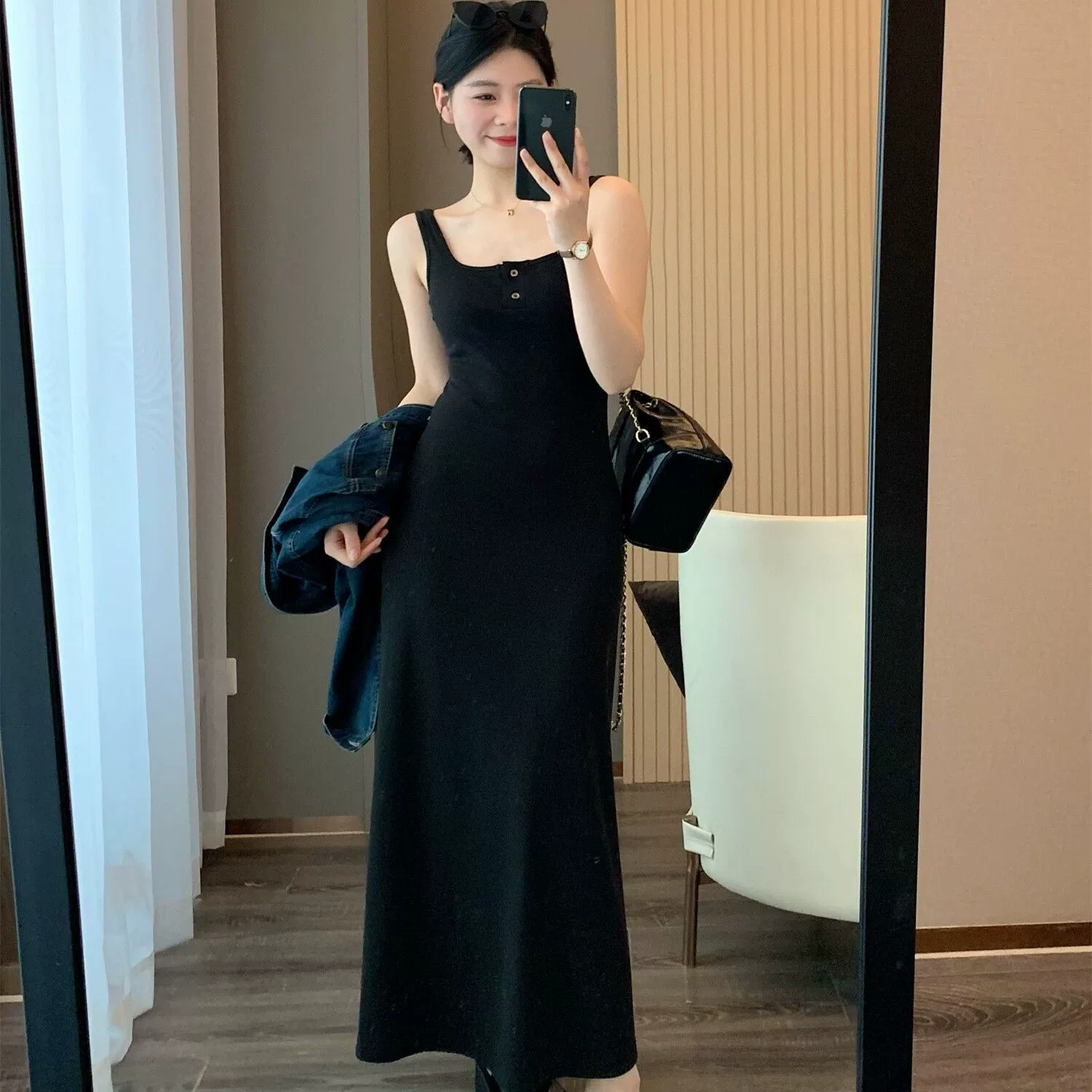 Женское платье-камзол с квадратным вырезом, длинная юбка, летний новый стиль 2025, стройнящее и элегантное