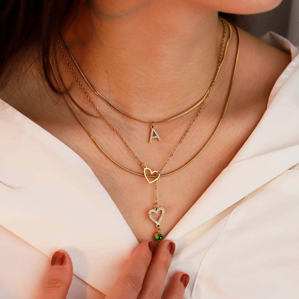 304 Stainless Steel Material Wholesale Jewelry IG Style Korean Style Letter Heart Shape 304 Stainless Steel Rhinestones Birthstone Gold Plated Plating Inlay Three Layer Necklace