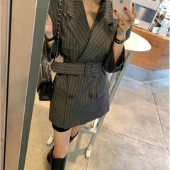 现货韩国ins 感竖条纹宽松时髦西装外套配腰带