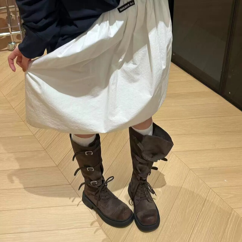 迦罗亚~复古风全软牛皮系带高筒靴中跟长靴女宽松皮搭扣女靴潮|undefined