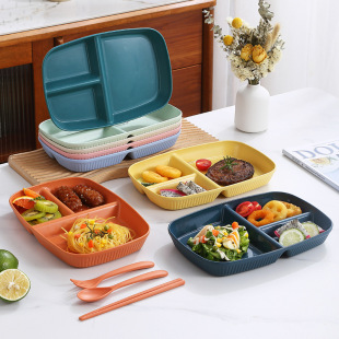 Wheat straw household three-grid fat-reducing plate high-looking drop-resistant plastic plate plate factory wholesale direct sales