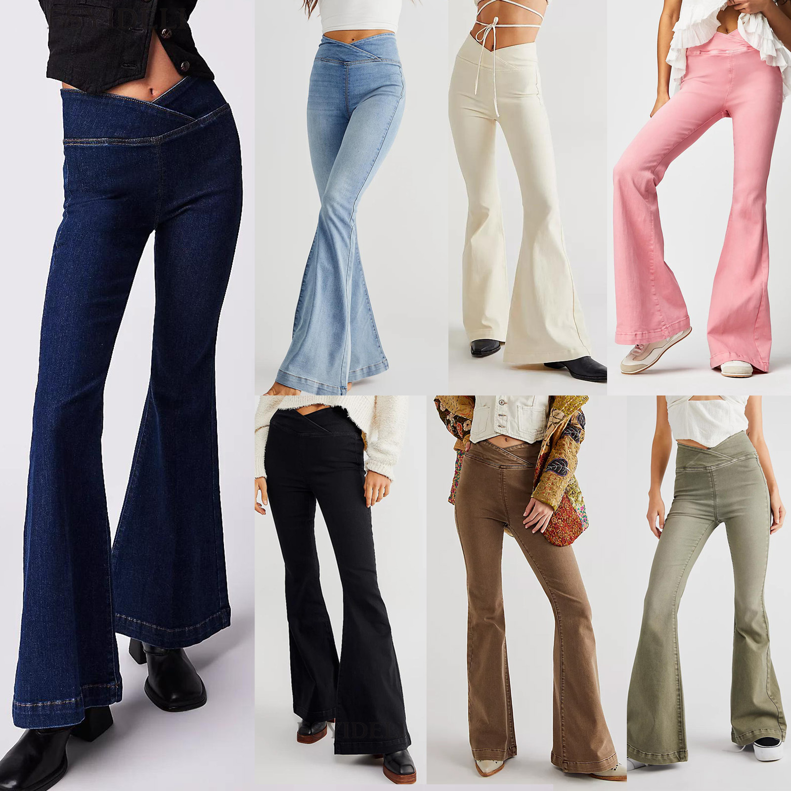Women's Denim Flare Pants High Waist Slim Fit Irregular Style_voghion.com