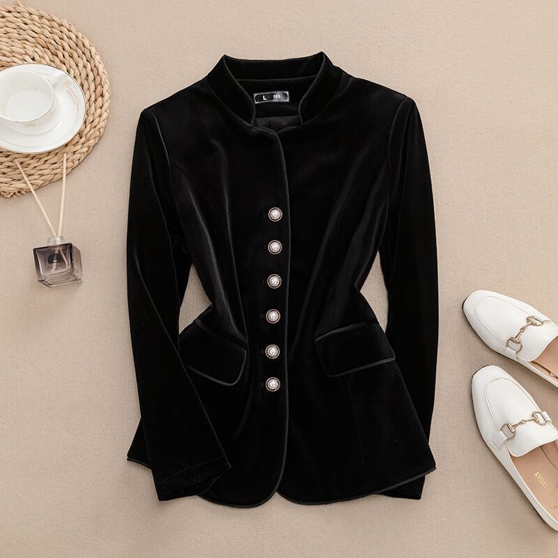 High-End Velvet Suit for Women, New Spring and Autumn Style, Short Slim-Fit Waist-Cinching Stand-Collar Velvet Blazer