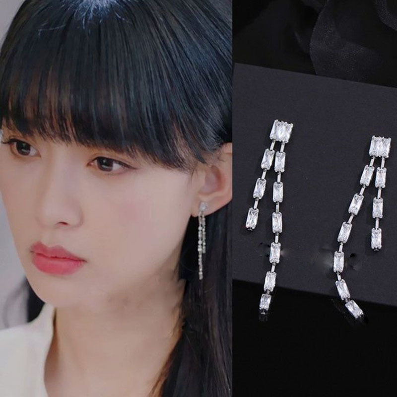 新款银针ins风锆石几何流苏耳钉简约复古设计感环网红气质耳饰女|ms