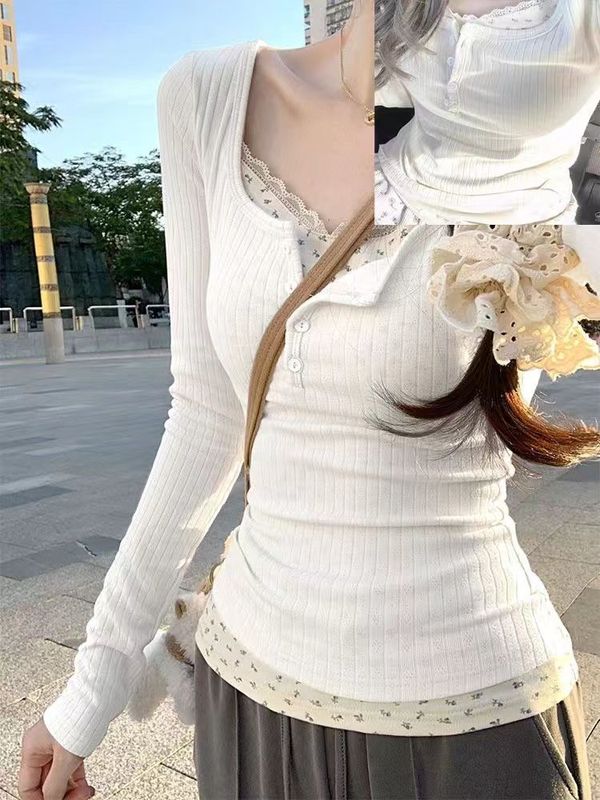 纯欲BM风蕾丝假两件长袖t恤女春秋法式感修身内搭甜辣妹上衣严选|undefined