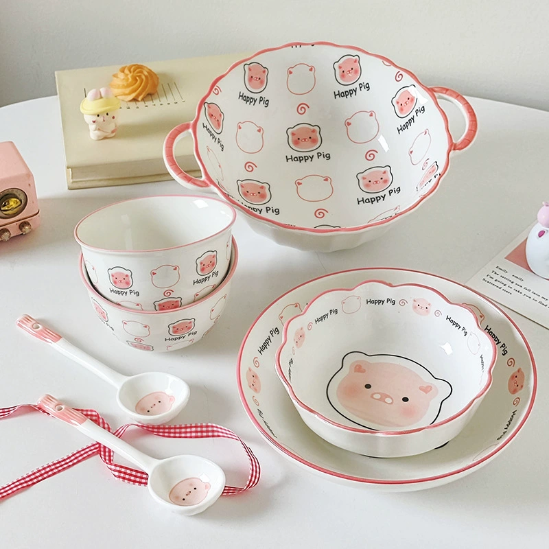 Ceramic tableware set, cute pig design, bowls and spoons, multiple set configurations