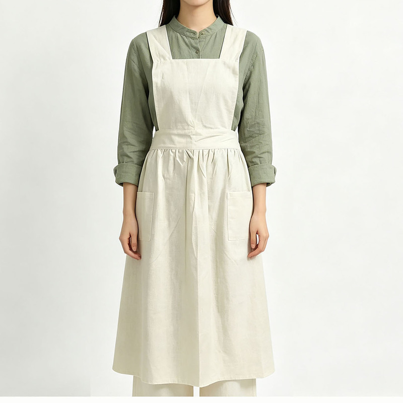 Linen long apron with wide shoulder straps, cross-over design, waist belt, pockets, floral pattern, suitable for baristas and coffee shop staff. Customizable and available for wholesale Linen long apron with wide shoulder straps, cross-over design, waist belt, pockets, floral pattern, suitable for baristas and coffee shop staff. Customizable and available for wholesale