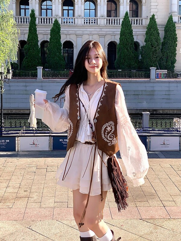 Adan麂皮绒立体刺绣马甲秋季美拉德复古百搭设计感背心无袖上衣女|undefined