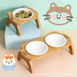 创意木制宠物猫碗食盆狗碗双碗水碗斜口高脚木架双碗可加图案LOGO