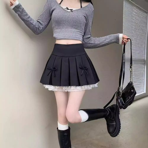 Lace-trimmed Pleated Skirt Women's Autumn Fashion Design High Waist A-line Hip-Hugging Short Skirt Fluffy Mini Skirt Girl's Skirt Pant