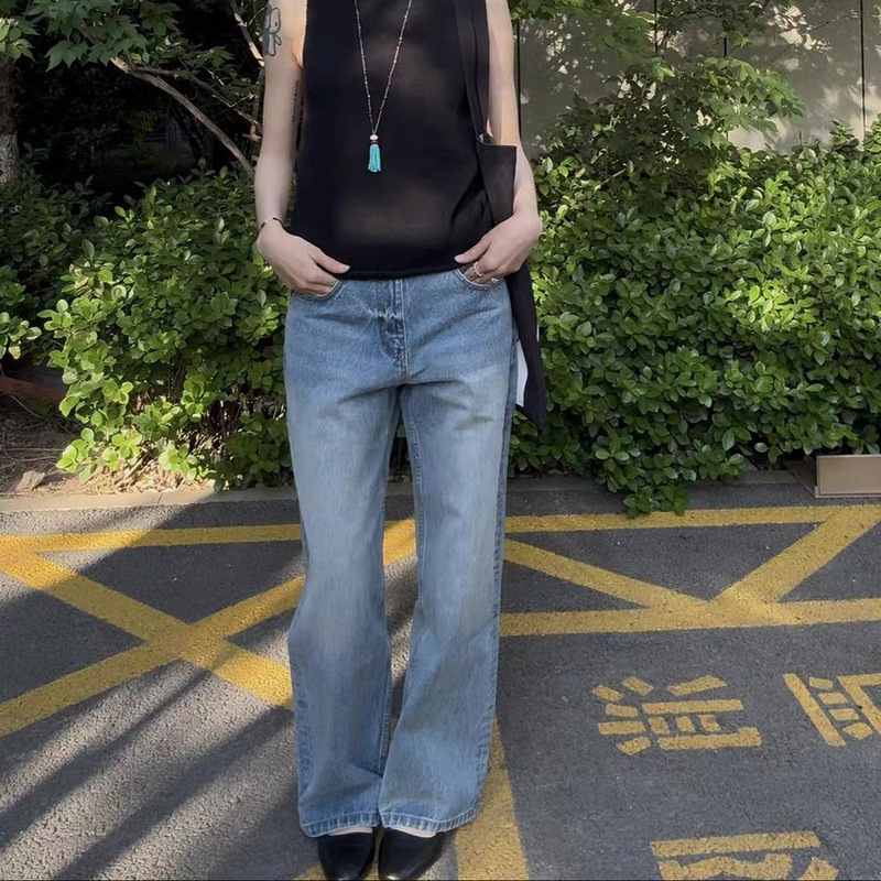 New Joker 1157L distressed white light blue cotton texture retro low waist straight Denim trousers 5014