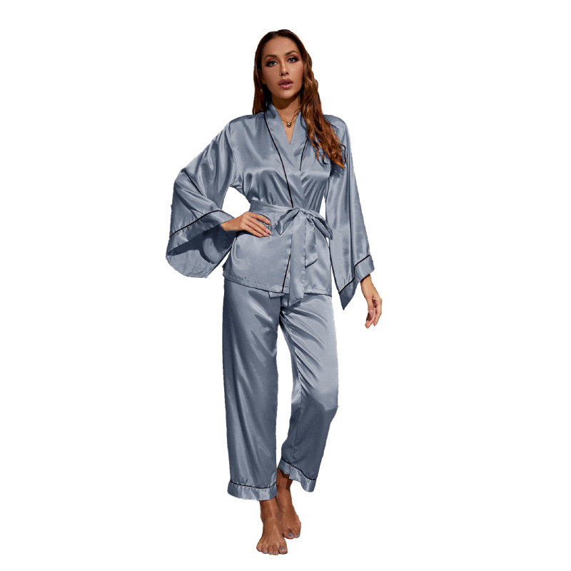 Autumn New Ice Silk Pajamas Women's Set Loose Long sleeved Cardigan Luxury Home Fury Can be Outworn_voghion.com