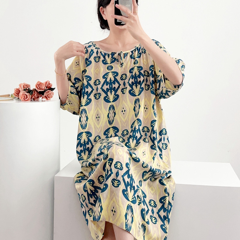 New Chinese Style Floral Short-sleeved Cotton Silk Nightgown Women's Spring and Summer Loose Chinese Style Cotton Silk Pajamas Home Clothes Summer plus size
