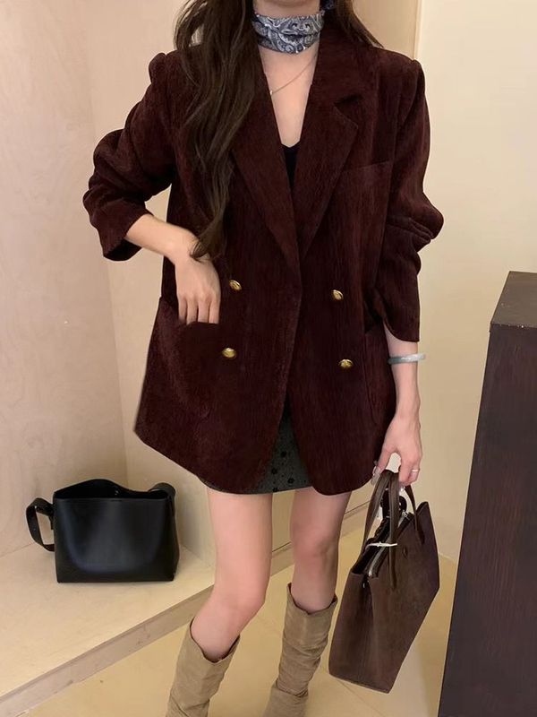 法式灯芯绒双排扣夹棉西装外套女2025秋冬新款宽松显瘦小西服上衣|undefined