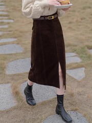 复古棕色灯芯绒半身裙女秋冬加厚高腰字裙中长款开叉小个子半裙