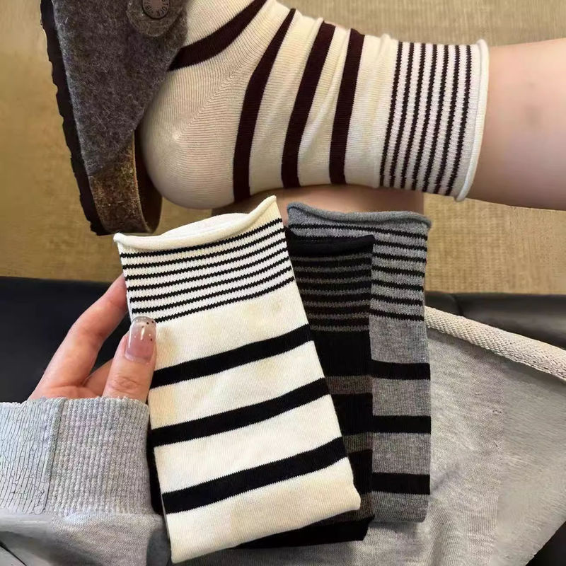 Korean Style Ins Solid Color Thick Striped Boneless Mid-Socks Spring and Autumn Japanese Style Simple Slimming Pinstripe Curled Stacked Socks