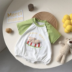 2024寶寶夏裝哈衣卡通小熊新生兒滿月百天短袖包屁衣薄款透氣吸汗
