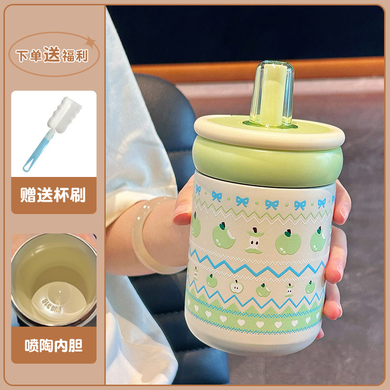 新型ins女子高颜値ストローカップ316ステンレス保温カップ陶磁器内胆カップ学生随行カップ|undefined