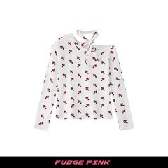 Fudge Pink 25秋季New美式复古辣妹满印图案斜肩长袖T恤