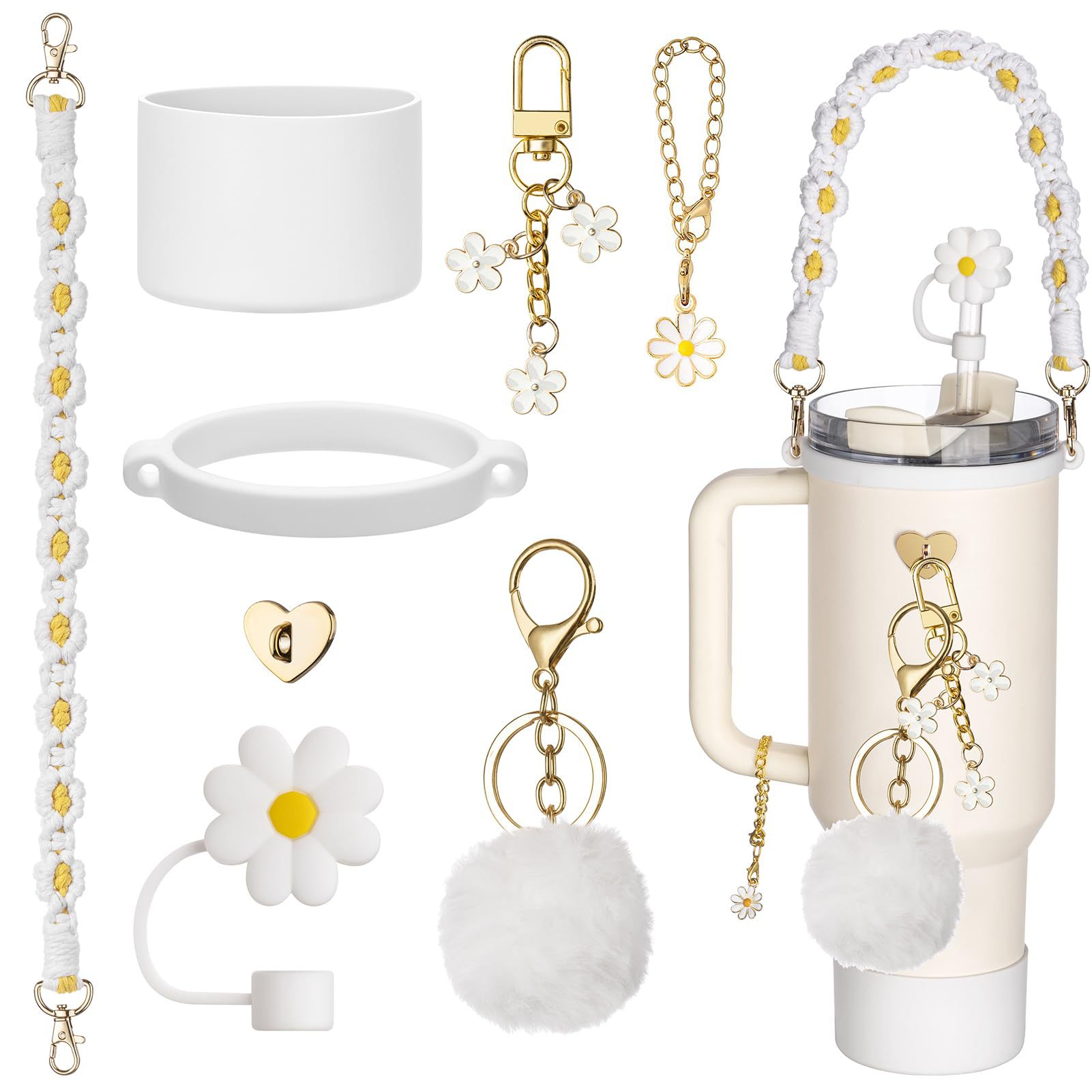 Ventas calientes accesorios de taza de agua stanley margarita cuerda de mano anillo de silicona gorra de paja flor bola de pelo de silicona taza de soporte