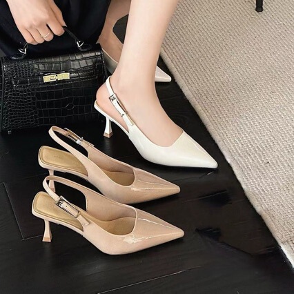 Dayao French-Style Stiletto Pointed-Toe Ankle-Strap Nude High-Heeled Shoes, Patent Leather Pointed-Toe Backless Sandals, Sweet Style