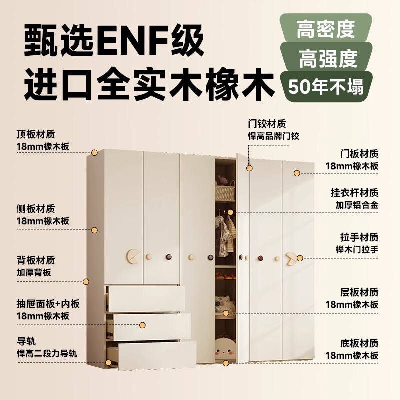 ENF级橡木全实木FAS儿童衣柜卧室家用奶油风平开门拉手宝宝衣橱|undefined