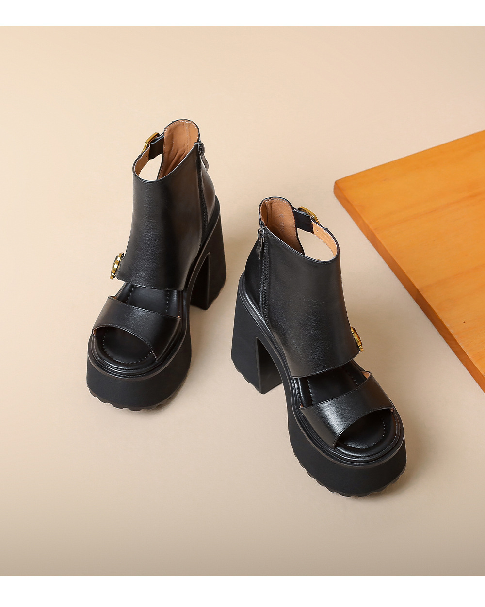 Sandal cao gót nữ da bò mũi hở quai khóa, gót 12 cm, cổ ngắn mùa hè — màu nâu, màu đen chi tiết 16
