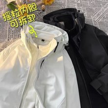 秋冬两件套港风飞行员夹克宽松大码痞帅开衫可拆卸棉服机车服外套