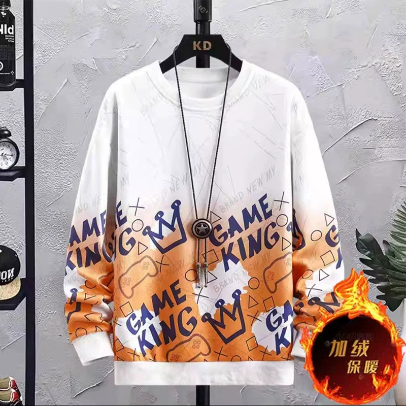 Свитер с круглым вырезом на флисовой подкладке, мужская одежда 2023, осень и зима, новая свободная Повседневная рубашка с длинными рукавами, градиентная рубашка контрастного цвета, модная