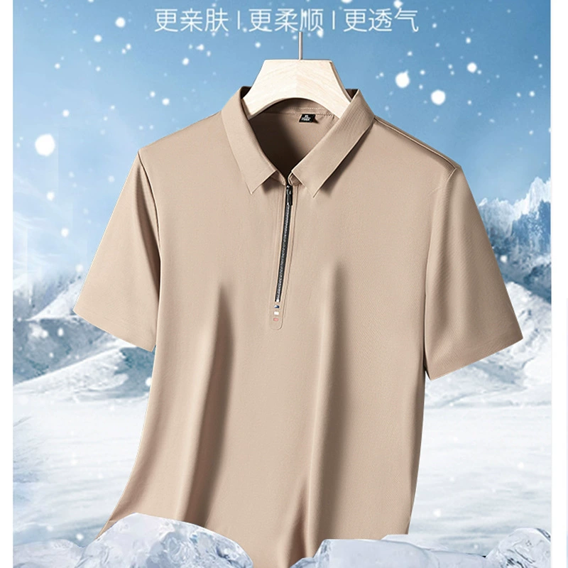 Летняя мужская футболка-поло из ледяного шелка с коротким рукавом, тонкая, на молнии, для бизнеса, дышащая и влагоотводящая
