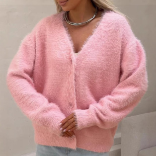 2025 Cross-border Hot Selling Spring and Autumn Imitation Mink Cardigan Loose Jacket Casual Style Long Sleeve Sweater Women's Sweater