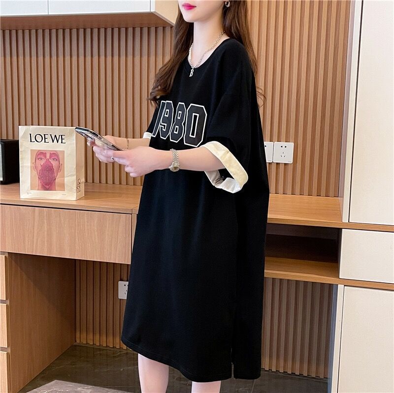 2024 Summer new casual simple loose long over-the-knee embroidered short-sleeved T-shirt for women dress foreign trade