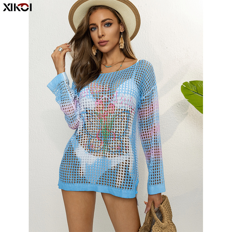 Lazy Style Pullover Knit Women's Thin Seaside Vacation Bikini Outer Blouse Beach Mid-length Sunscreen Shirt