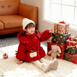 儿童棉服加绒加厚中大童女宝冬季2025新款宝宝外套冬加厚红色棉服