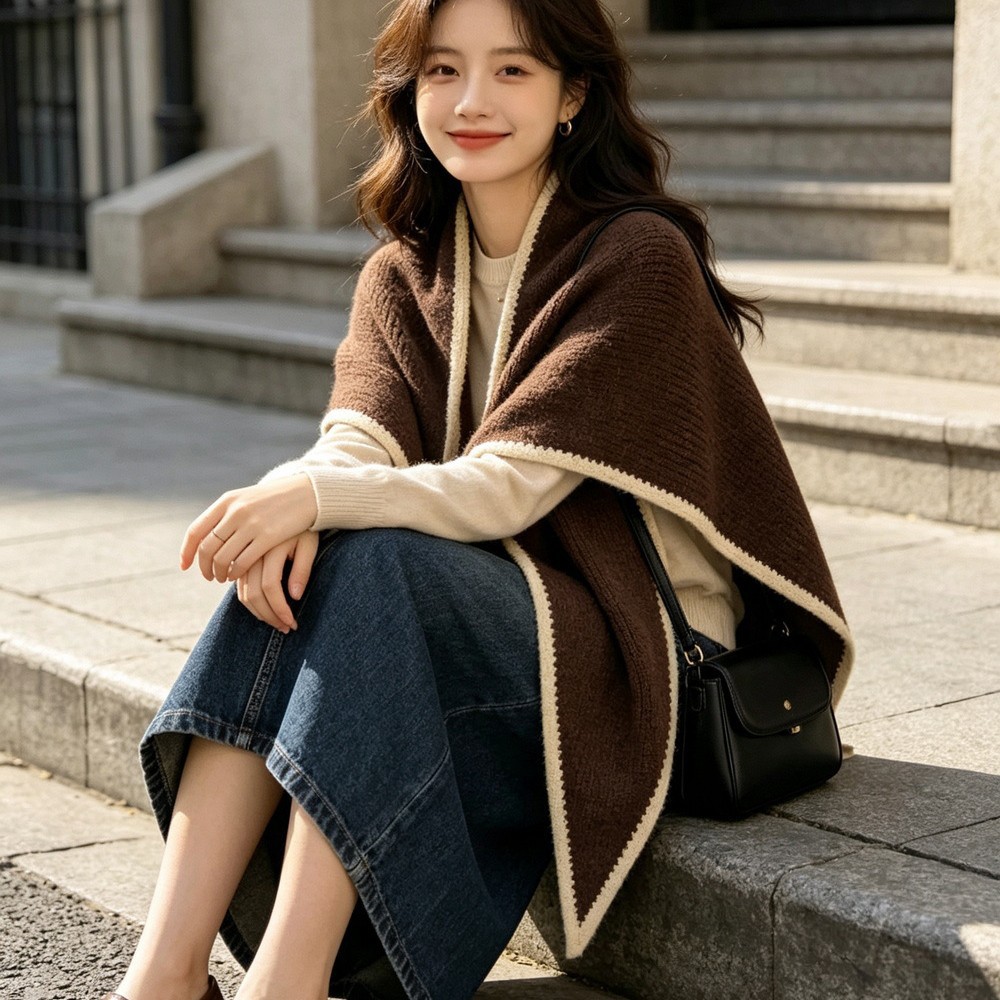 Korean-style autumn and winter wool blend knitted scarf for women, a sweet and stylish triangular scarf/shawl for winter