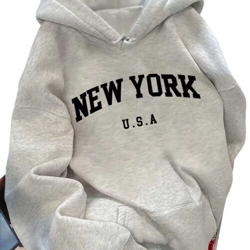 Vintage American Letter Print Medium-Sleeve Hooded Sweatshirt Coat Loose and Versatile Women's Autumn Top