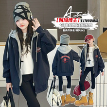 2025新款秋冬时尚童装藏青色连帽外套男女童百搭休闲上衣潮款