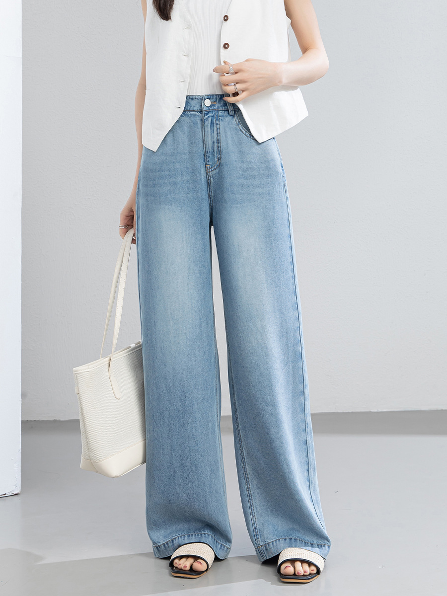 Quần jean nữ ống rộng cạp cao dáng suông vải Tencel mềm mại dài 103 cm — Màu xanh - Chiều dài quần thông thường khoảng 103cm