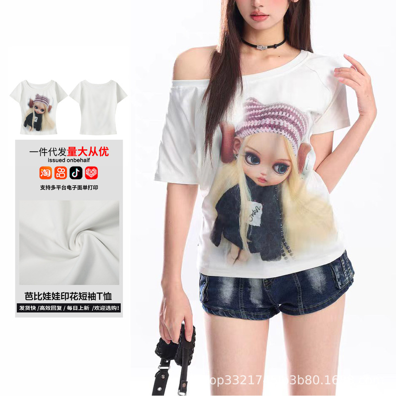 Unique Barbie doll cartoon T-shirt for women, summer casual printed comfortable one-shoulder short-sleeve top, factory direct wholesale Unique Barbie doll cartoon T-shirt for women, summer casual printed comfortable one-shoulder short-sleeve top, factory direct wholesale