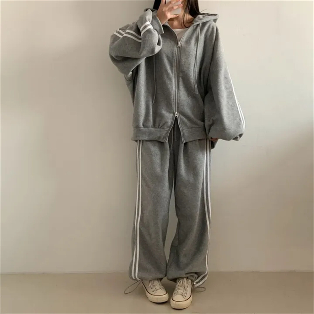 クロスボーダー卸売ジッパースウェットシャツカジュアルツーピースグレー韓国ブランドファッションスポーツスーツ女性のための春と秋怠惰なルーズ