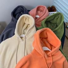 双面摇粒绒卫衣女冬季韩版百搭加绒加厚宽松长袖套头连帽桔色上衣