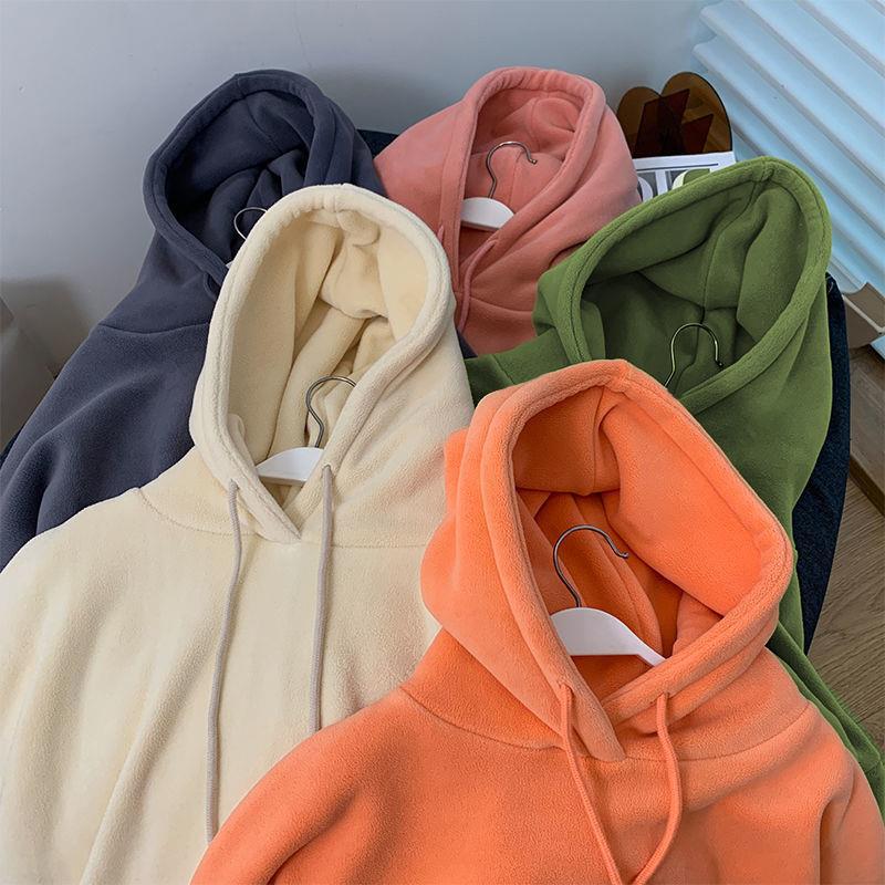 双面摇粒绒卫衣女冬季韩版百搭加绒加厚宽松长袖套头连帽桔色上衣